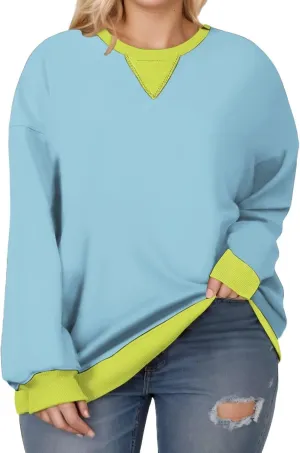 Womens-Plus-Size-Sweatshirts Casual Oversized Pullover Tops Crewneck Long Sleeve Color Block Tunic Outfits