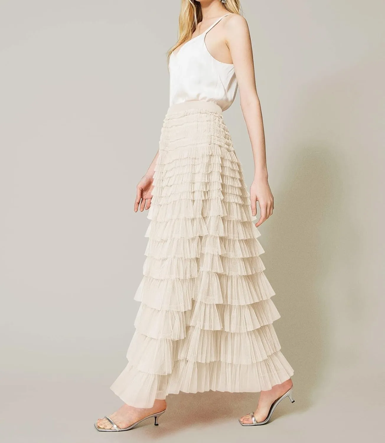 Women's Ruffled Tiered Tulle Skirt Elastic High Waist Fairy Maxi Skirt Layered Mesh Puffy A Line Long Skirt