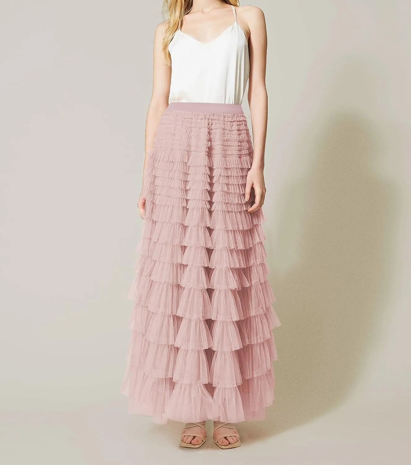 Women's Ruffled Tiered Tulle Skirt Elastic High Waist Fairy Maxi Skirt Layered Mesh Puffy A Line Long Skirt