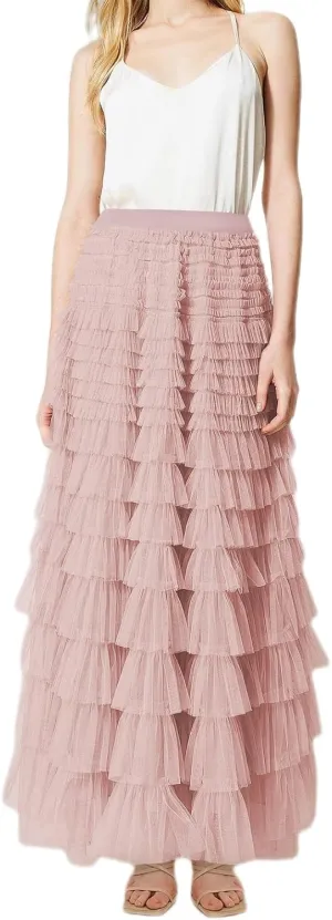 Women's Ruffled Tiered Tulle Skirt Elastic High Waist Fairy Maxi Skirt Layered Mesh Puffy A Line Long Skirt