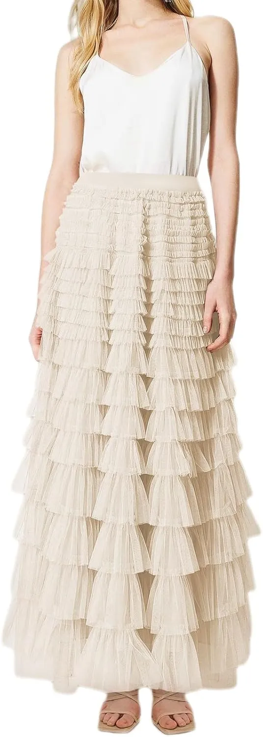 Women's Ruffled Tiered Tulle Skirt Elastic High Waist Fairy Maxi Skirt Layered Mesh Puffy A Line Long Skirt