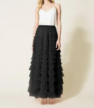 Women's Ruffled Tiered Tulle Skirt Elastic High Waist Fairy Maxi Skirt Layered Mesh Puffy A Line Long Skirt