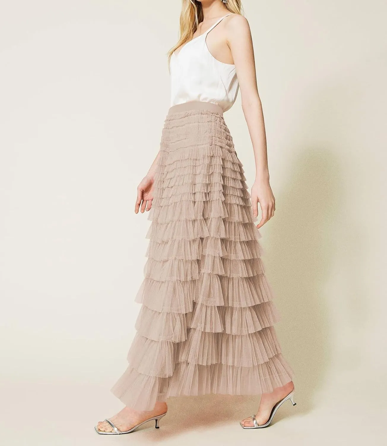 Women's Ruffled Tiered Tulle Skirt Elastic High Waist Fairy Maxi Skirt Layered Mesh Puffy A Line Long Skirt