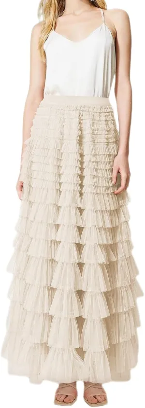 Women's Ruffled Tiered Tulle Skirt Elastic High Waist Fairy Maxi Skirt Layered Mesh Puffy A Line Long Skirt