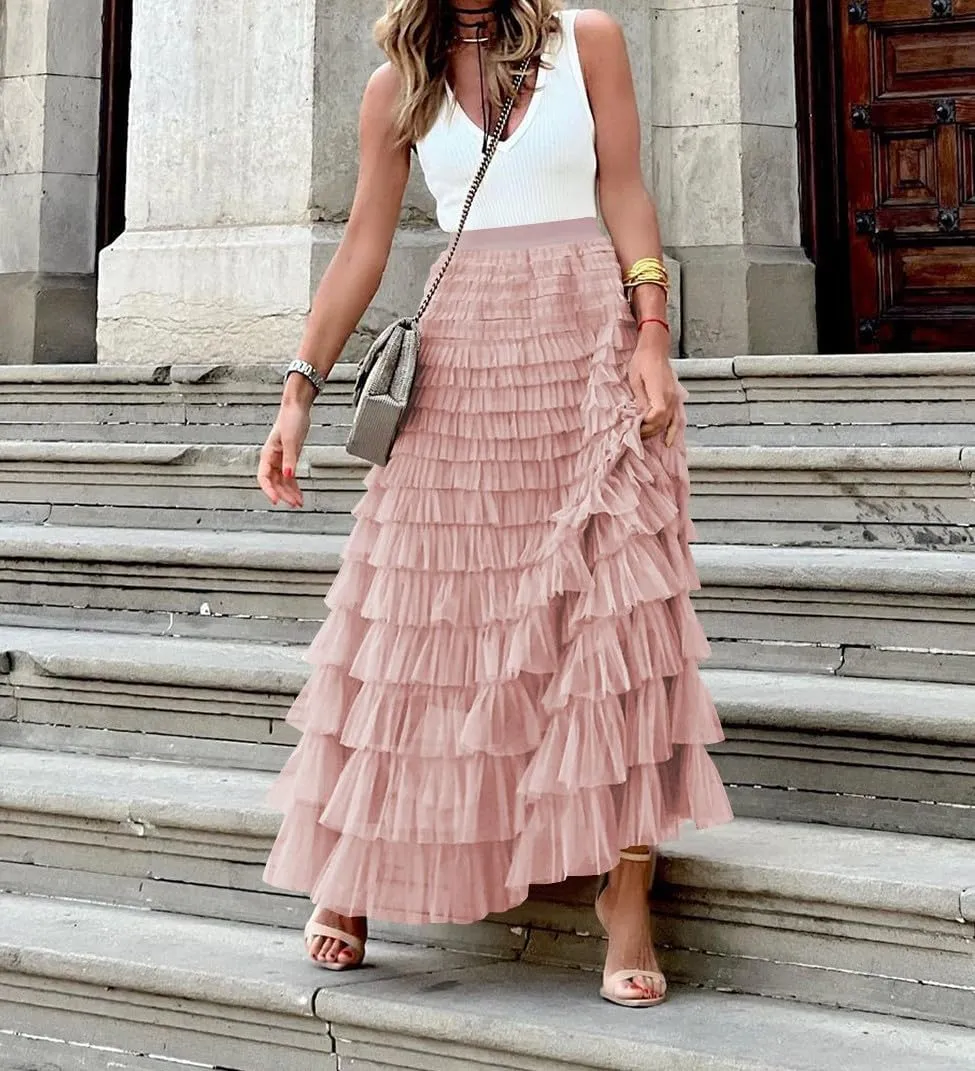 Women's Ruffled Tiered Tulle Skirt Elastic High Waist Fairy Maxi Skirt Layered Mesh Puffy A Line Long Skirt