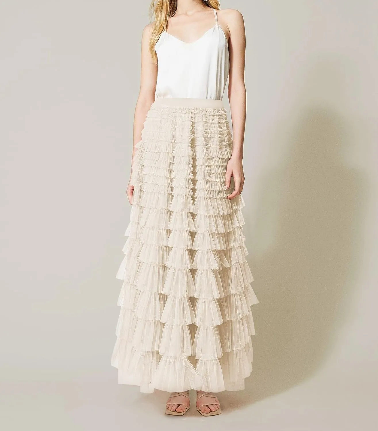 Women's Ruffled Tiered Tulle Skirt Elastic High Waist Fairy Maxi Skirt Layered Mesh Puffy A Line Long Skirt