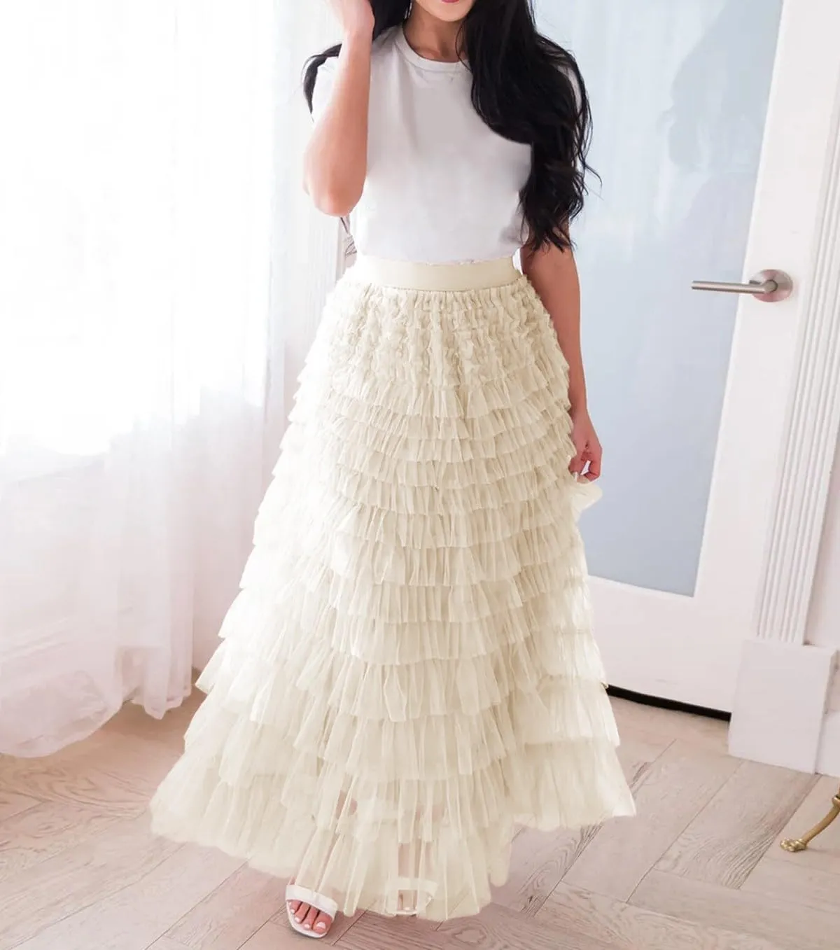 Women's Ruffled Tiered Tulle Skirt Elastic High Waist Fairy Maxi Skirt Layered Mesh Puffy A Line Long Skirt