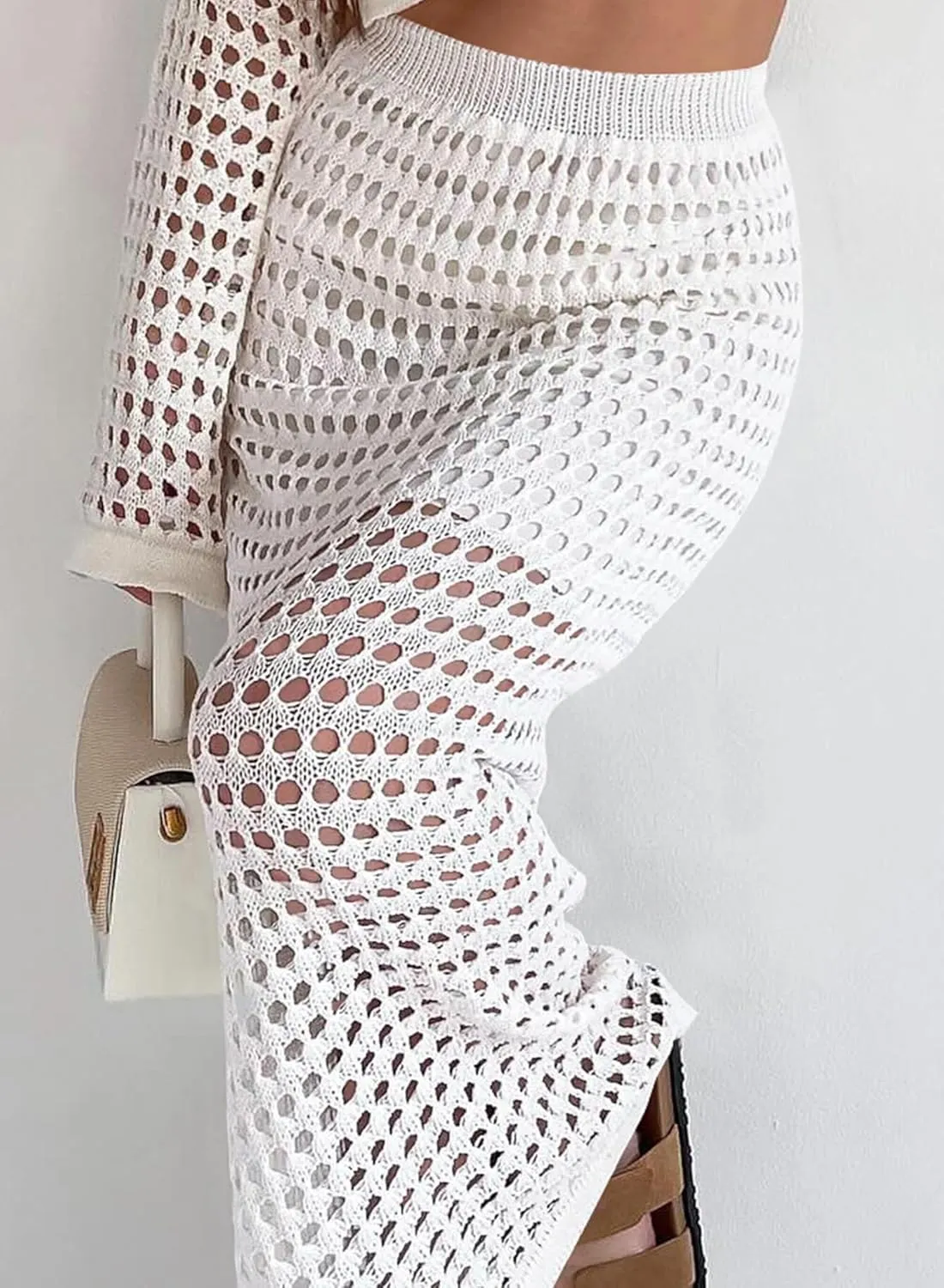 Womens Sexy Eyelet Crochet Knit Ankle Length Long Pencil Straight Skirts