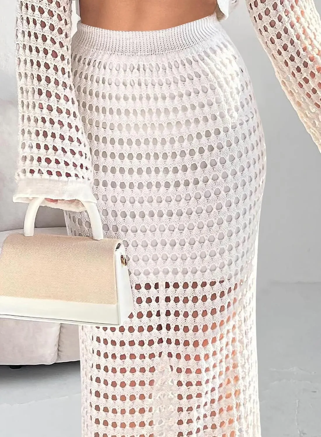 Womens Sexy Eyelet Crochet Knit Ankle Length Long Pencil Straight Skirts
