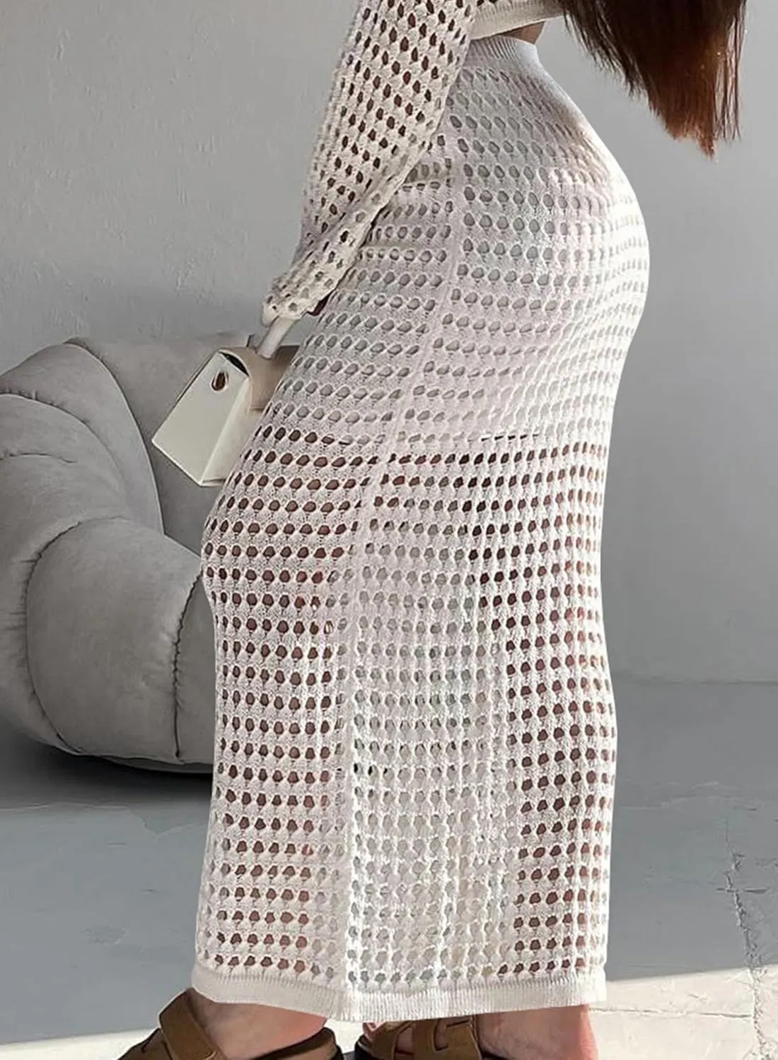 Womens Sexy Eyelet Crochet Knit Ankle Length Long Pencil Straight Skirts
