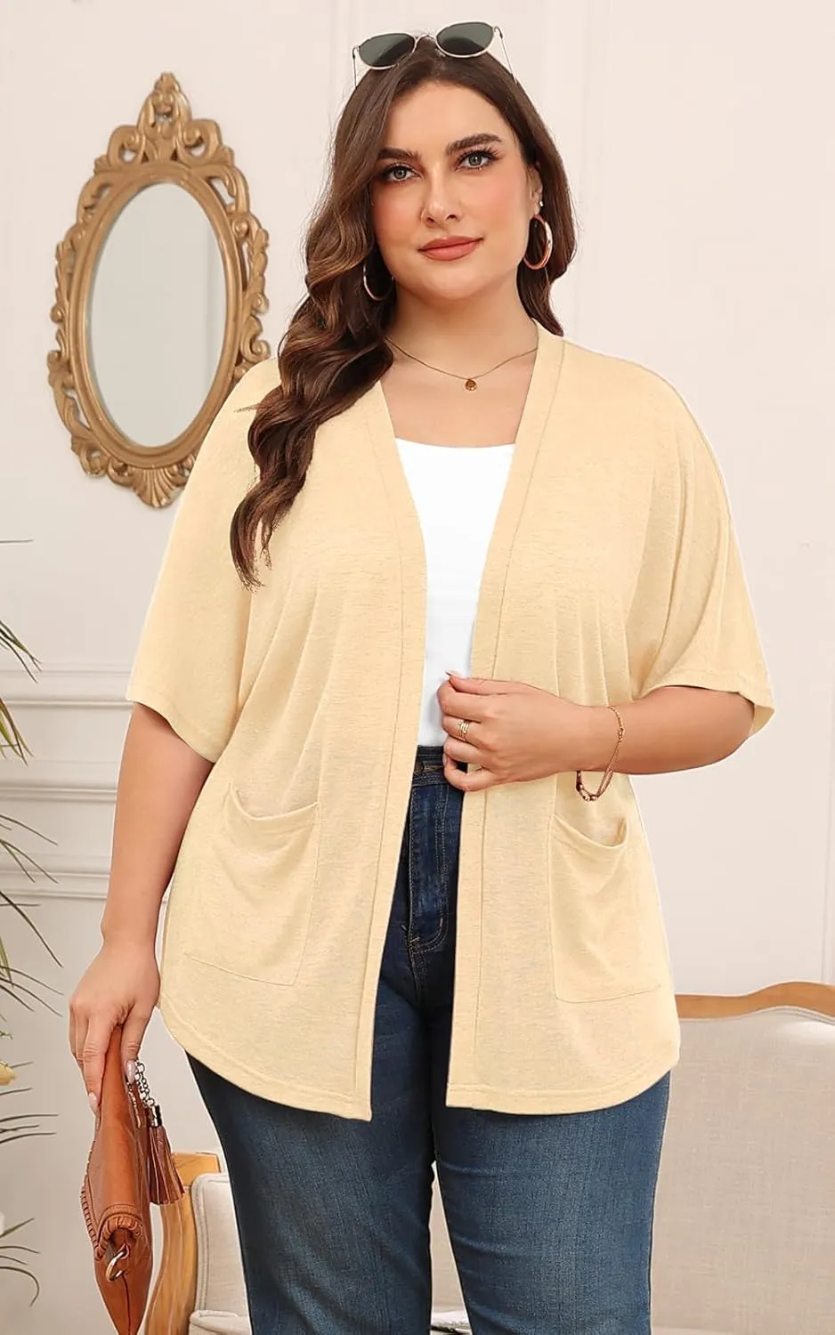 Womens Short Sleeve Kimono Cardigans Lightweight Summer Cardigan Casual Loose Beach Cover Up Curved Hem with Pockets