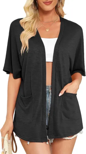 Womens Short Sleeve Kimono Cardigans Lightweight Summer Cardigan Casual Loose Beach Cover Up Curved Hem with Pockets