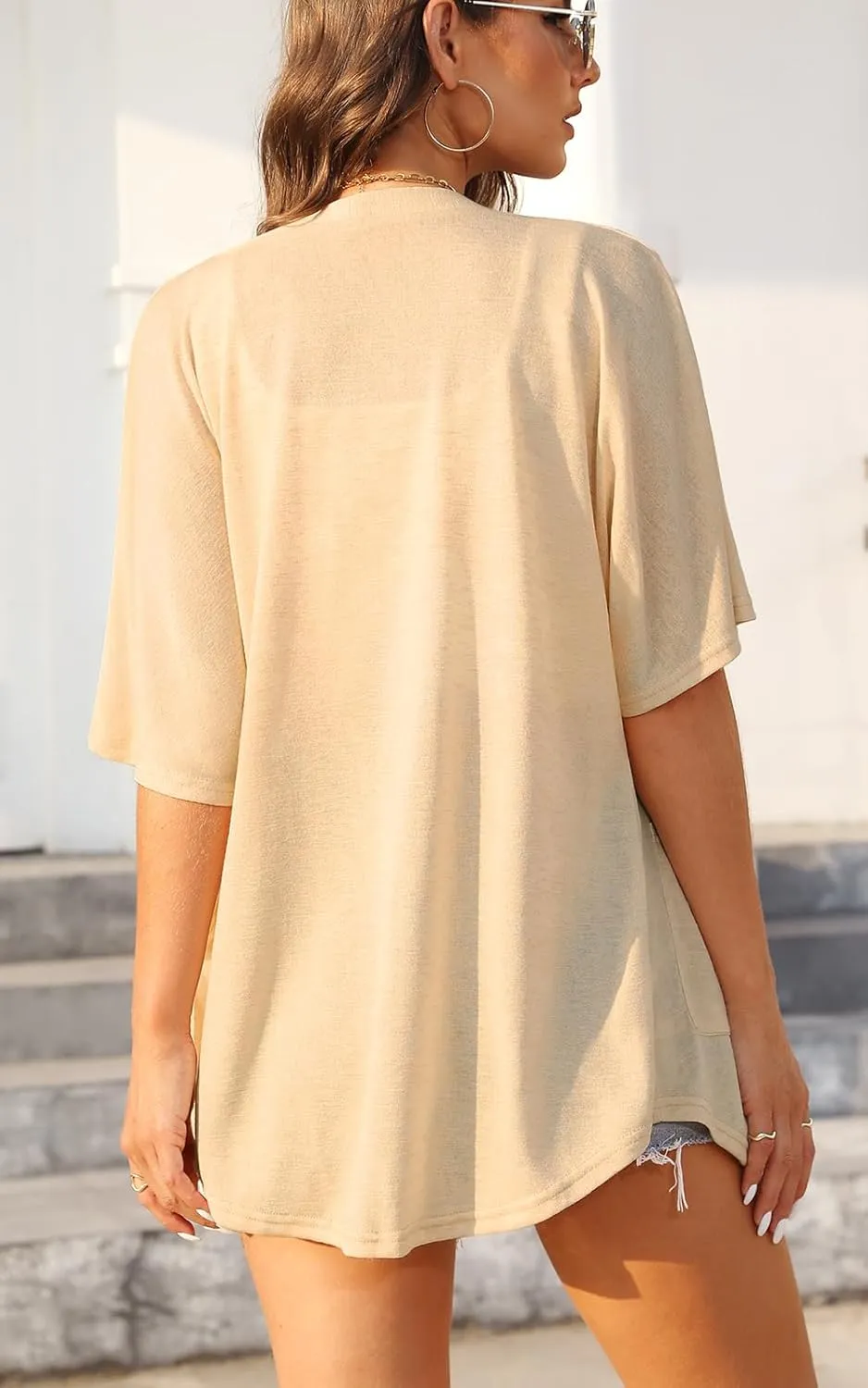 Womens Short Sleeve Kimono Cardigans Lightweight Summer Cardigan Casual Loose Beach Cover Up Curved Hem with Pockets