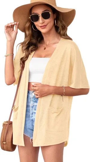 Womens Short Sleeve Kimono Cardigans Lightweight Summer Cardigan Casual Loose Beach Cover Up Curved Hem with Pockets