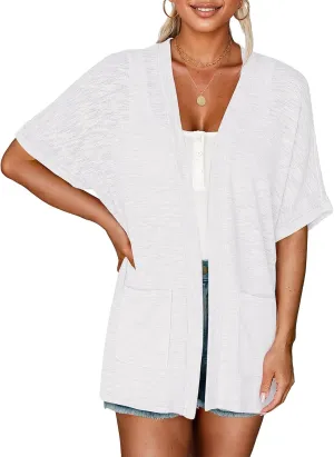 Womens Short Sleeve Kimono Cardigans Lightweight Summer Cardigan Casual Loose Beach Cover Up Curved Hem with Pockets