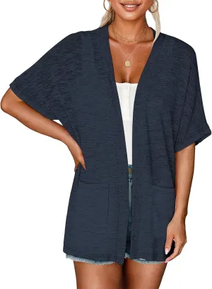 Womens Short Sleeve Kimono Cardigans Lightweight Summer Cardigan Casual Loose Beach Cover Up Curved Hem with Pockets