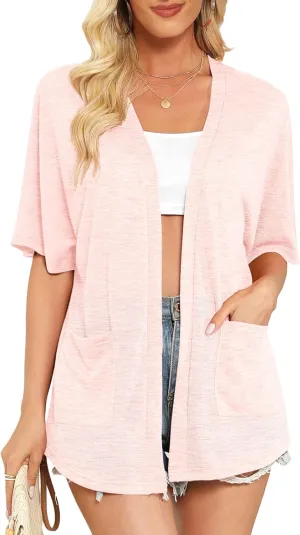 Womens Short Sleeve Kimono Cardigans Lightweight Summer Cardigan Casual Loose Beach Cover Up Curved Hem with Pockets