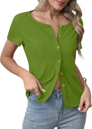Womens Slim Fitted Cardigan Lightweight Summer Cardigans Short Sleeve Ribbed Tops Button Down Shirts