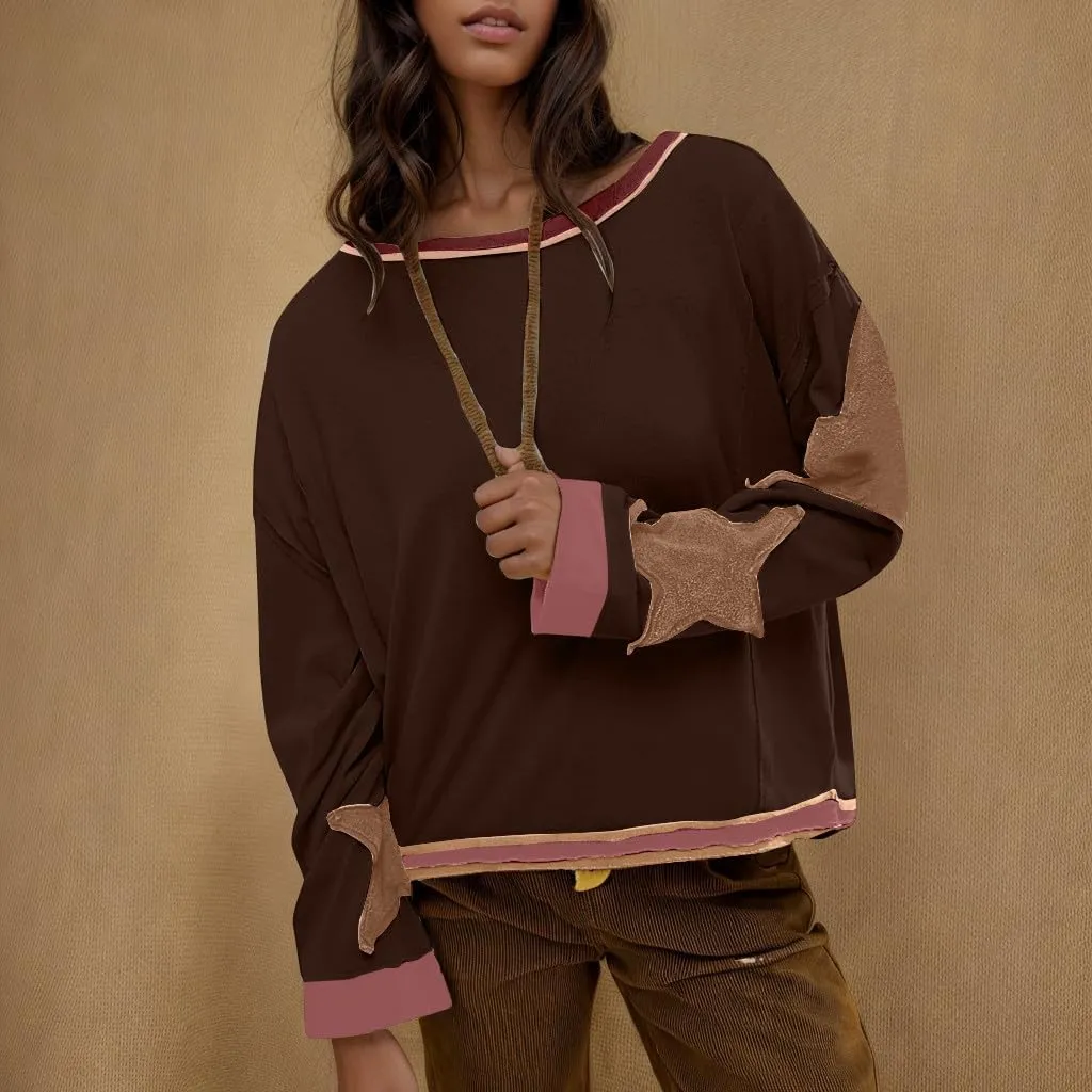 Women's Stars Patchwork Sweatshirt Casual Loose Round Neck Long Sleeve Pullover Fashion Y2K Loose Tops