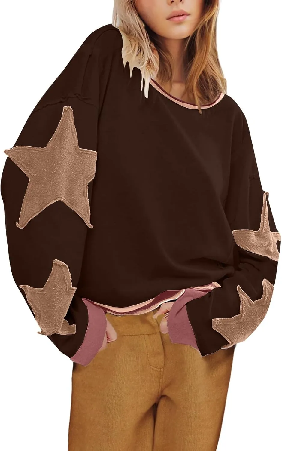 Women's Stars Patchwork Sweatshirt Casual Loose Round Neck Long Sleeve Pullover Fashion Y2K Loose Tops