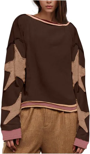 Women's Stars Patchwork Sweatshirt Casual Loose Round Neck Long Sleeve Pullover Fashion Y2K Loose Tops