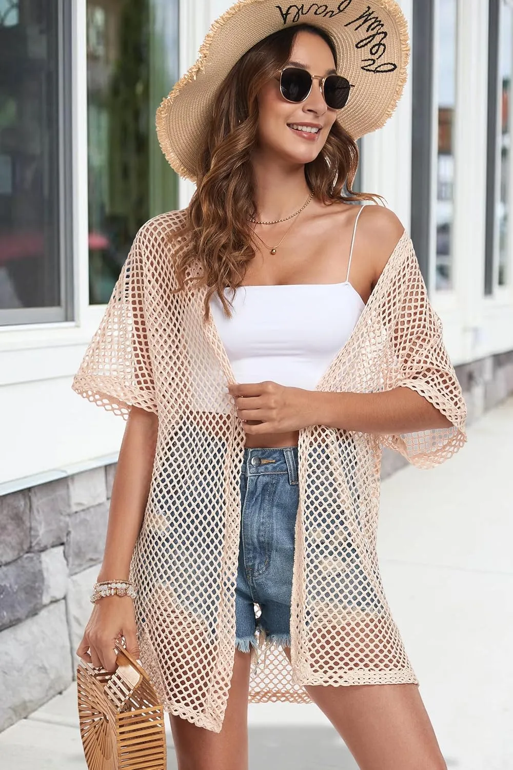 Womens Summer Cardigan Short Sleeve Crochet Casual Tops Kimono Open Front Cover Up Hollow Out Jacket
