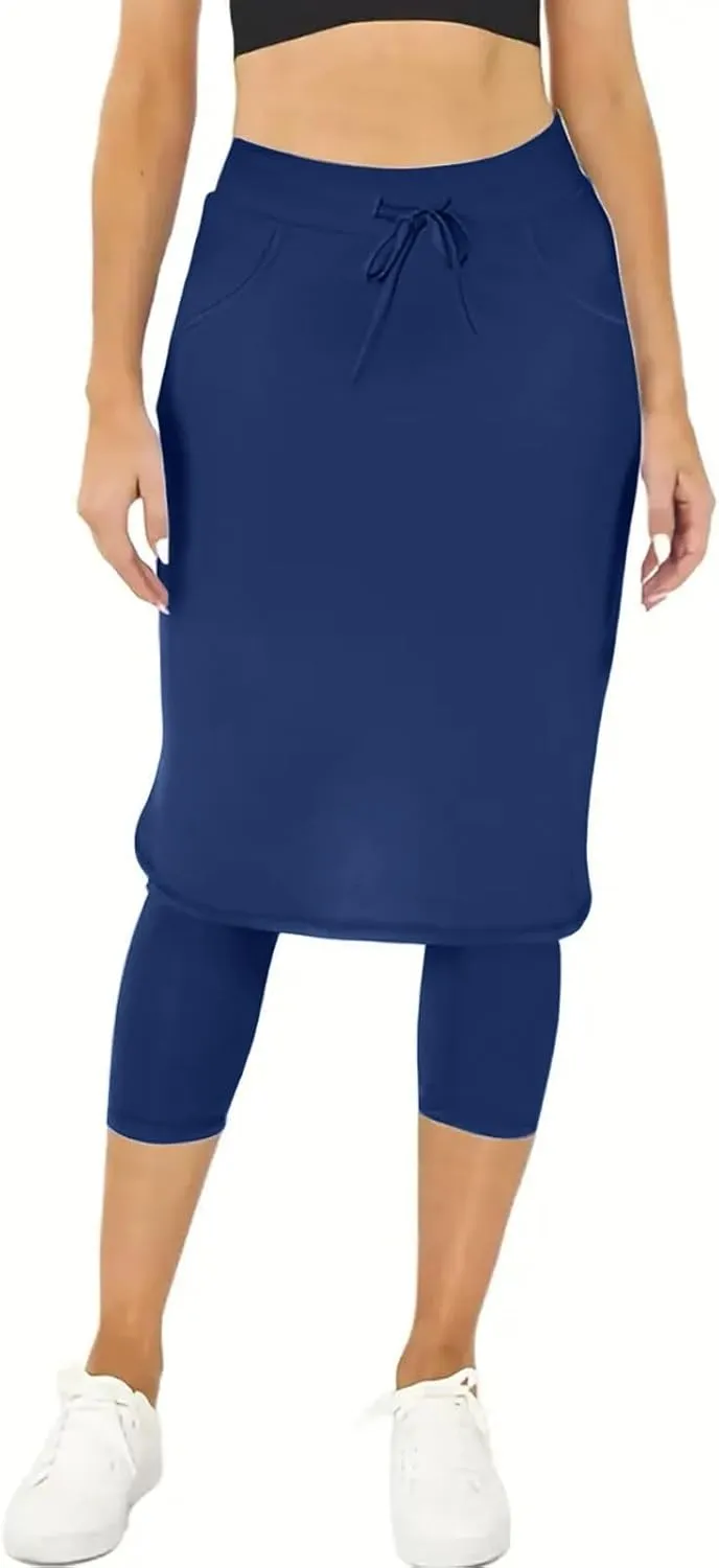 Womens Tennis Skirts with Leggings Knee Length High Waisted Yoga Capri Pants Golf Long Skorts with Pockets