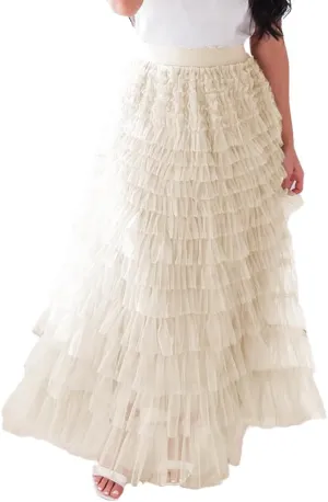 Women's Trendy Long Skirts Elastic Waist Ruffle Tiered Tulle Fairy Skirt Party Cake Puffy Layered Tutu Maxi Skirts