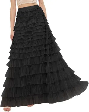 Women's Trendy Long Skirts Elastic Waist Ruffle Tiered Tulle Fairy Skirt Party Cake Puffy Layered Tutu Maxi Skirts