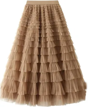 Women's Trendy Long Skirts Elastic Waist Ruffle Tiered Tulle Fairy Skirt Party Cake Puffy Layered Tutu Maxi Skirts