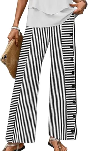 Womens Trendy Loose Fit Striped Pants Wide-Leg Style with Side Buttons and Pockets 2025 Fashion