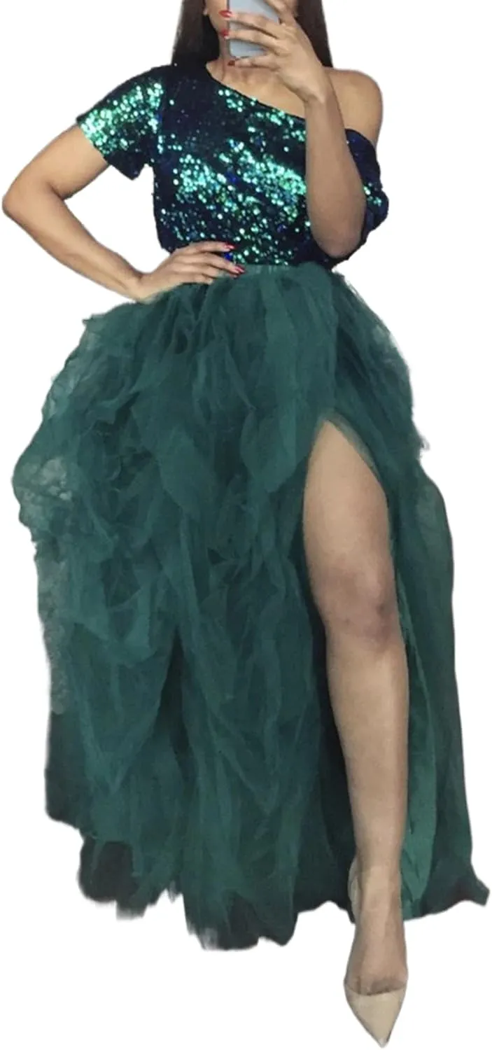 Women's Tulle Maxi Skirt Floor Length Layered High Waist Puff Mesh Tutu Skirt Split Wedding Evening Party Skirt