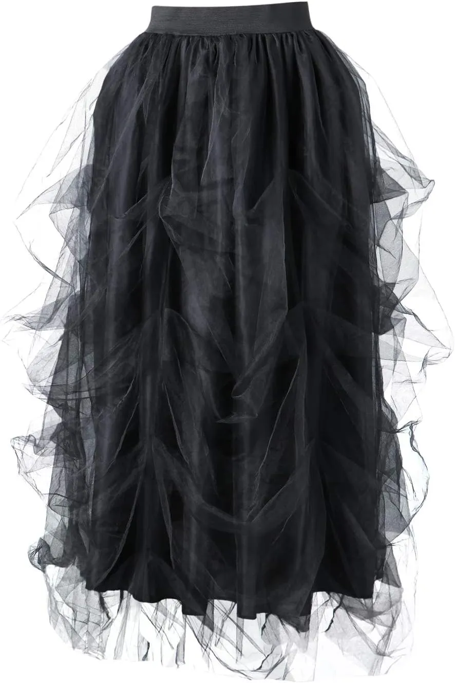 Women's Tulle Maxi Skirt Floor Length Layered High Waist Puff Mesh Tutu Skirt Split Wedding Evening Party Skirt