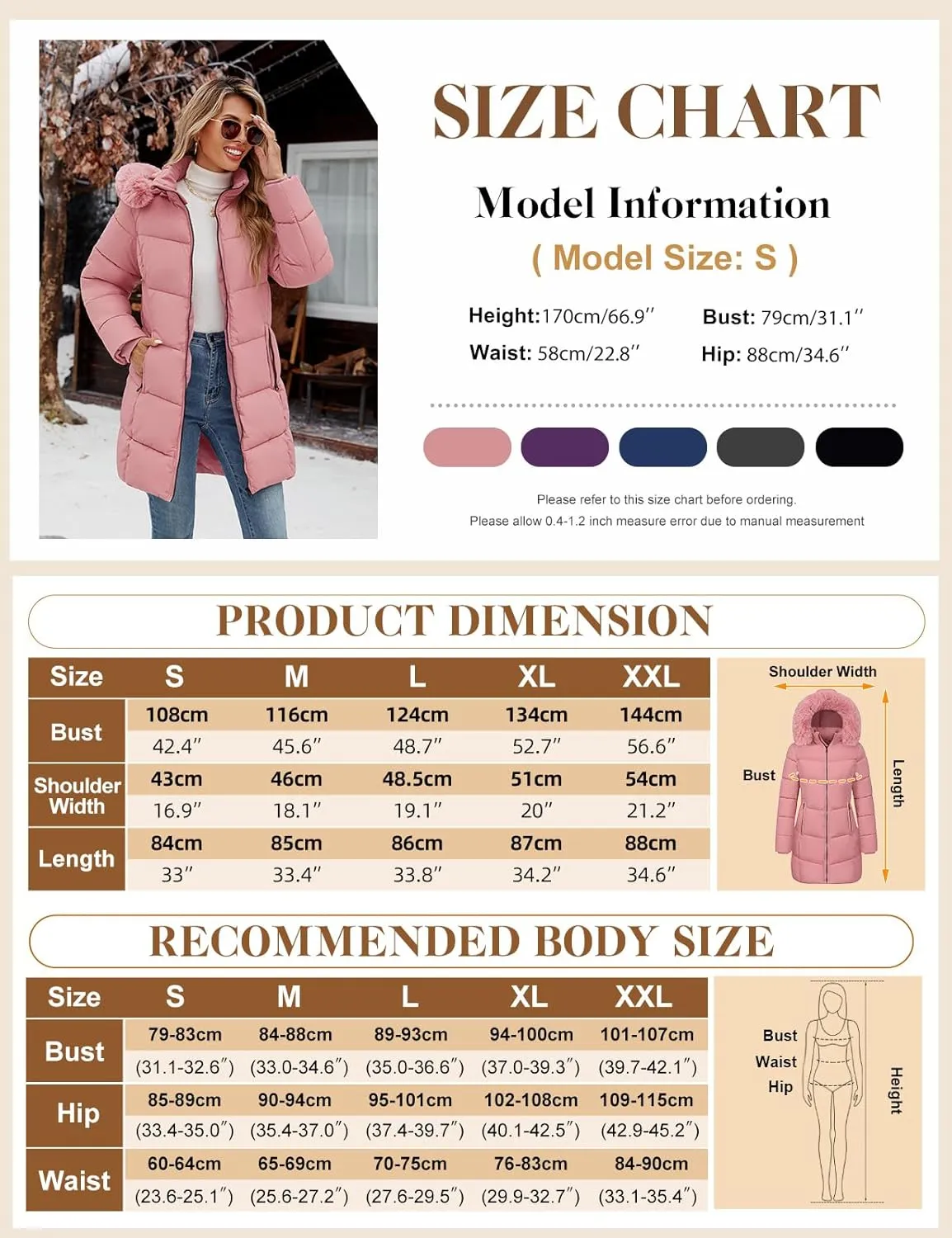 Womens Winter Coats Puffer Down Parka Thicken Warm Hooded Jacket Fleece Lined Outwear with Removable Faux Fur Hood