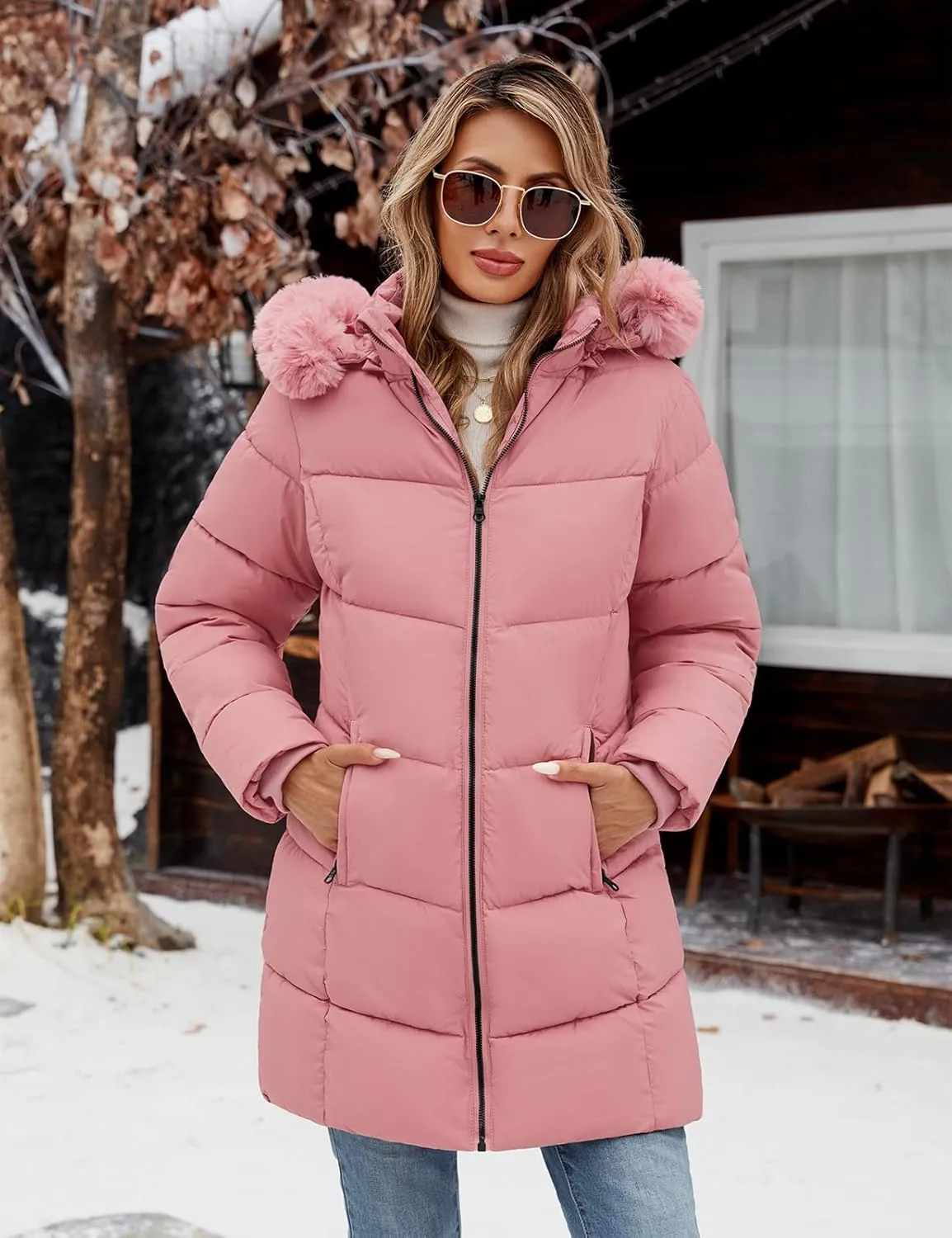 Womens Winter Coats Puffer Down Parka Thicken Warm Hooded Jacket Fleece Lined Outwear with Removable Faux Fur Hood