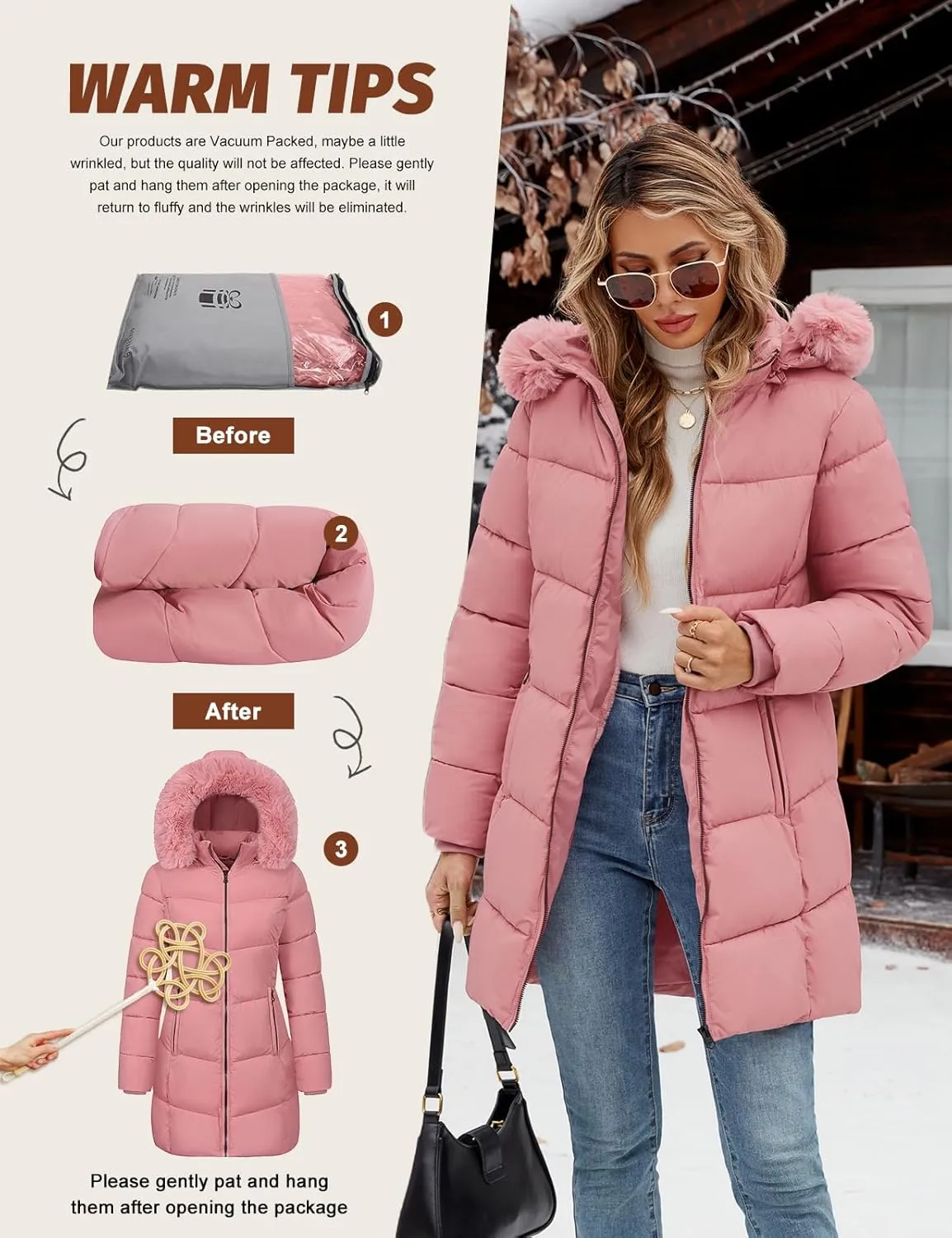 Womens Winter Coats Puffer Down Parka Thicken Warm Hooded Jacket Fleece Lined Outwear with Removable Faux Fur Hood