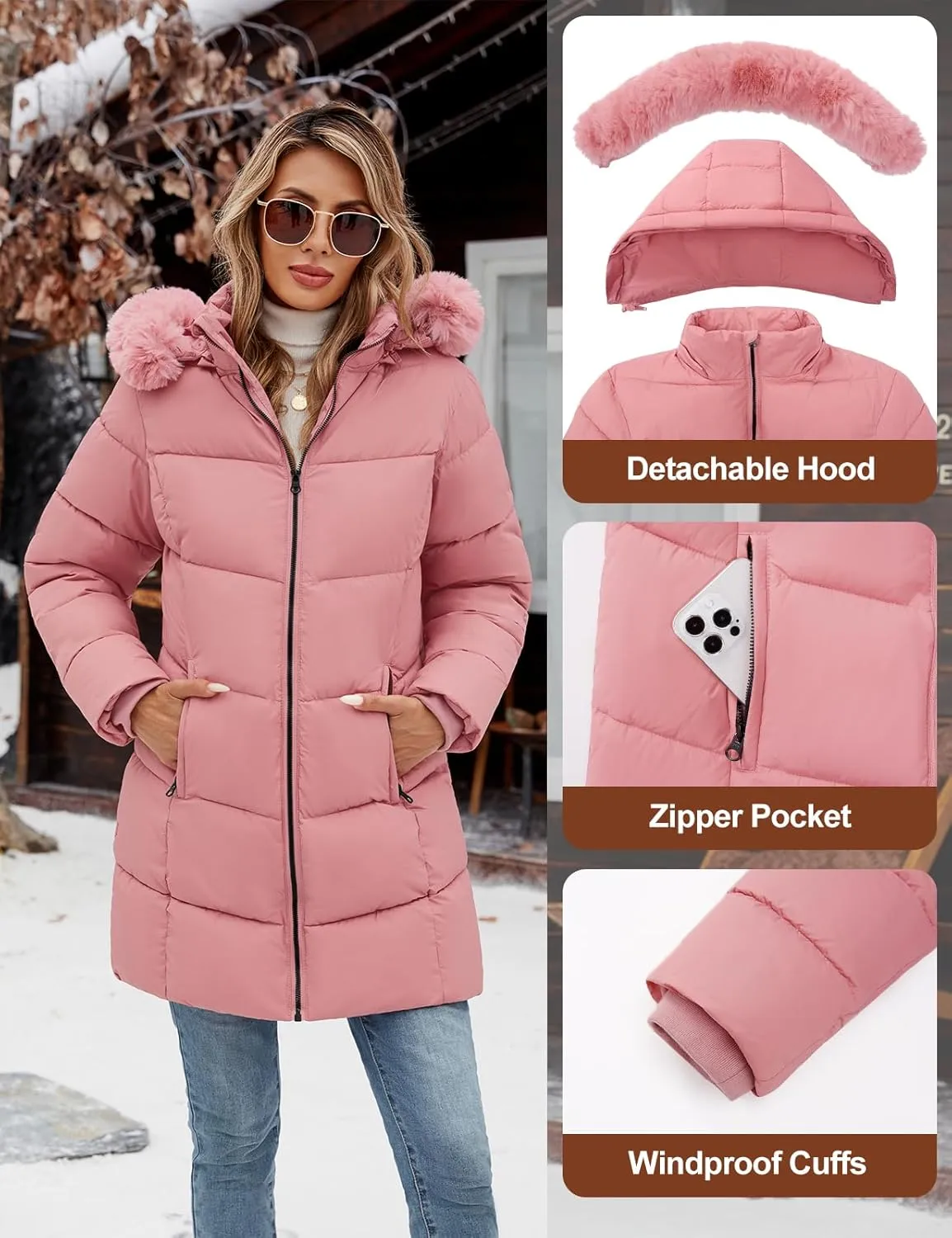 Womens Winter Coats Puffer Down Parka Thicken Warm Hooded Jacket Fleece Lined Outwear with Removable Faux Fur Hood