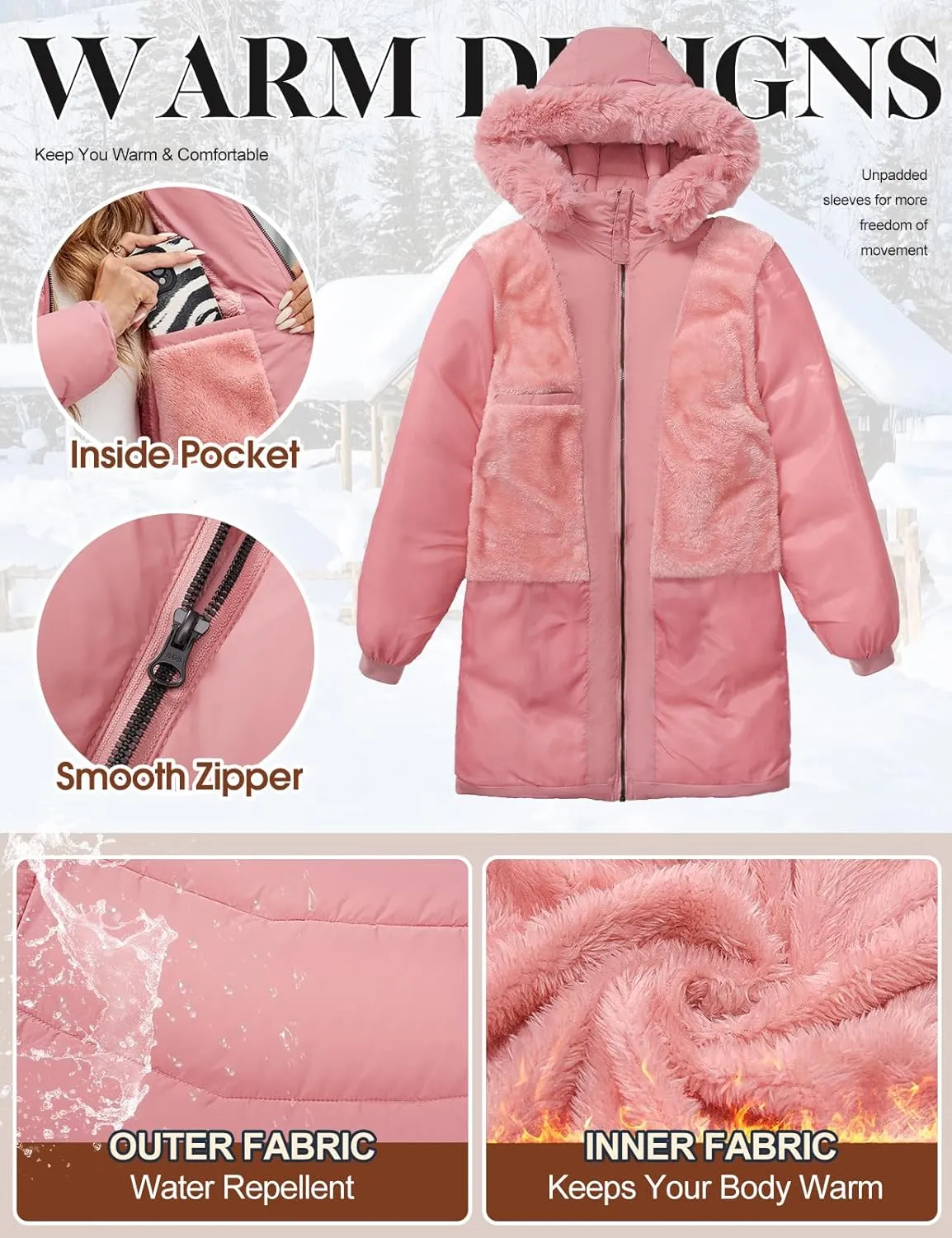 Womens Winter Coats Puffer Down Parka Thicken Warm Hooded Jacket Fleece Lined Outwear with Removable Faux Fur Hood