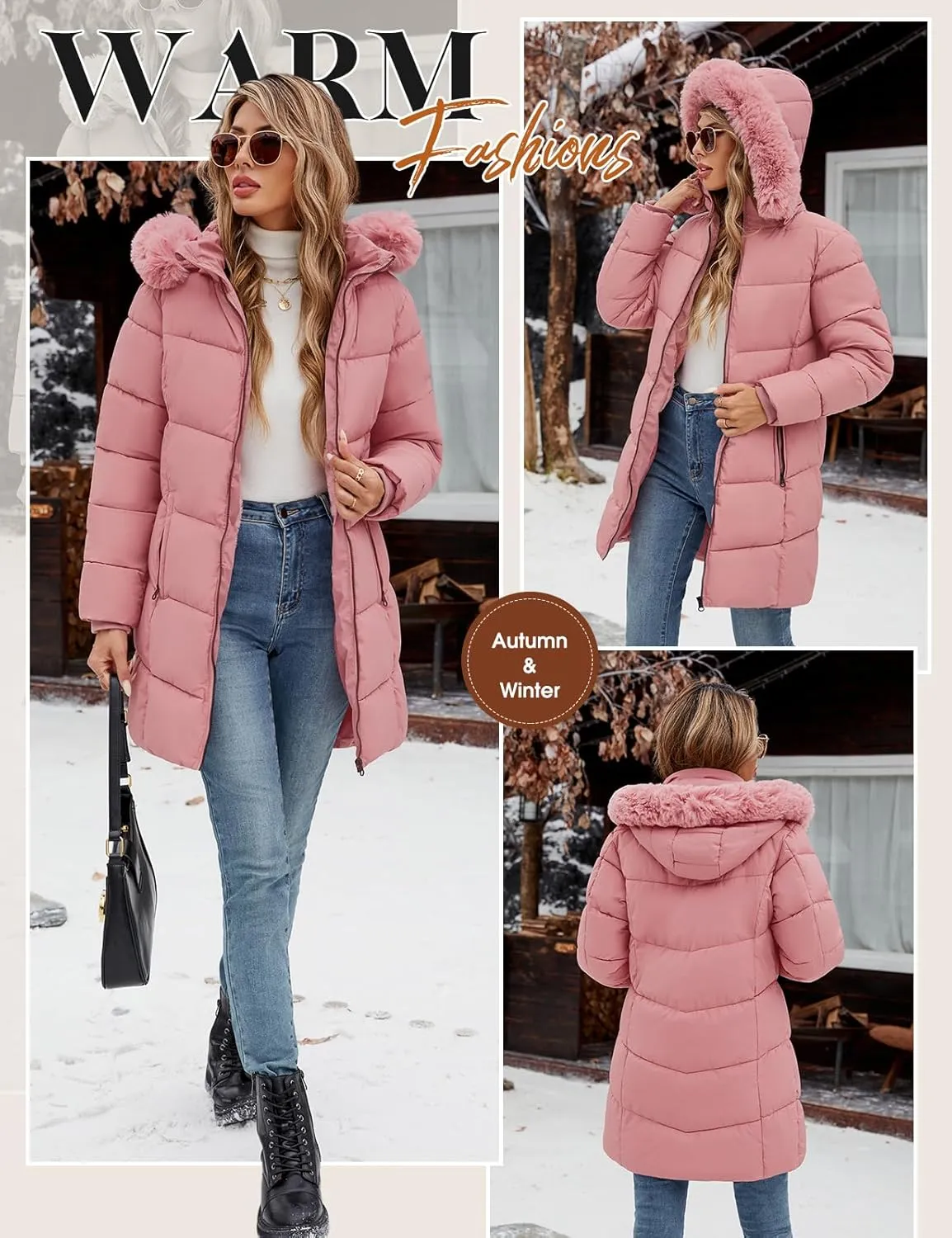 Womens Winter Coats Puffer Down Parka Thicken Warm Hooded Jacket Fleece Lined Outwear with Removable Faux Fur Hood