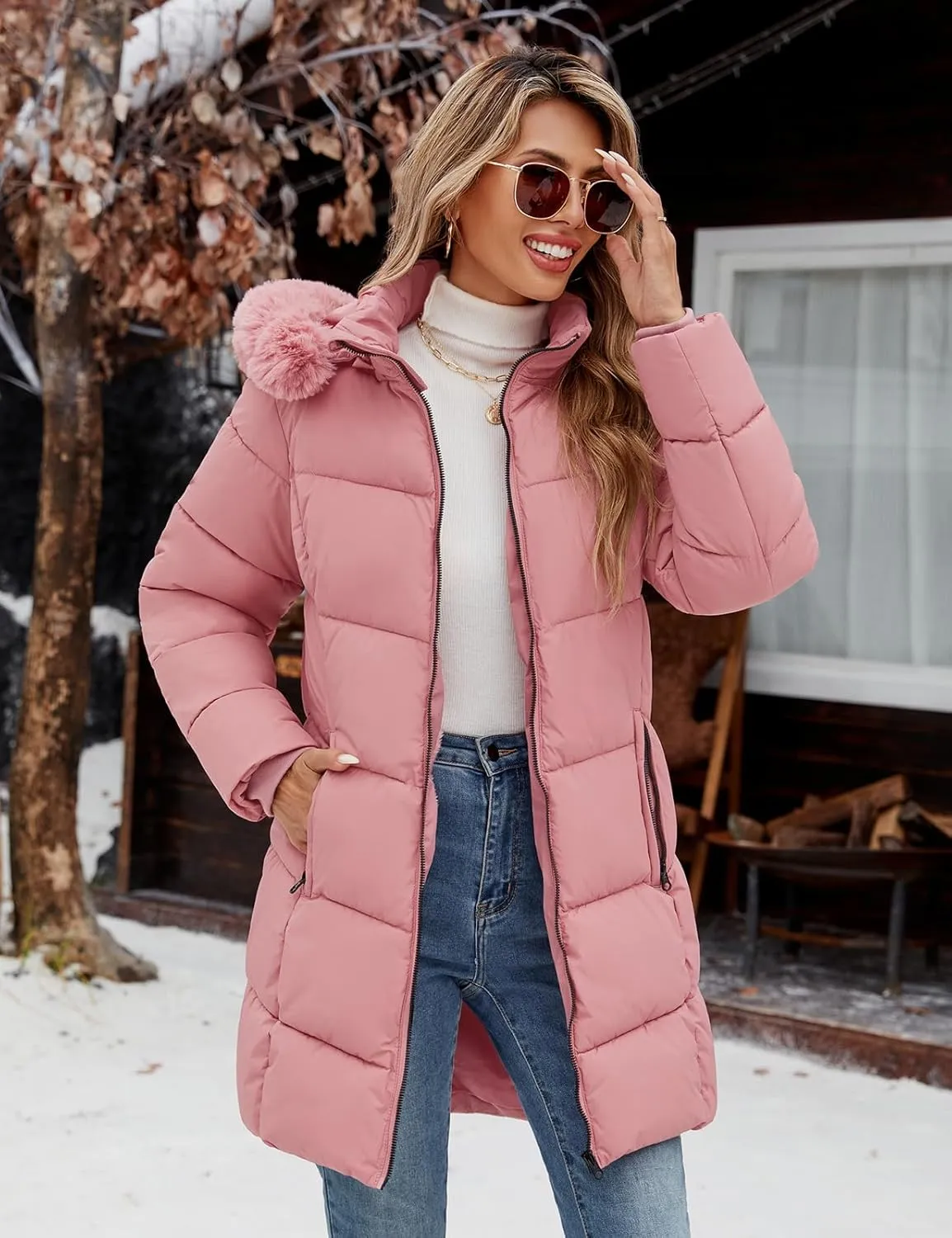 Womens Winter Coats Puffer Down Parka Thicken Warm Hooded Jacket Fleece Lined Outwear with Removable Faux Fur Hood