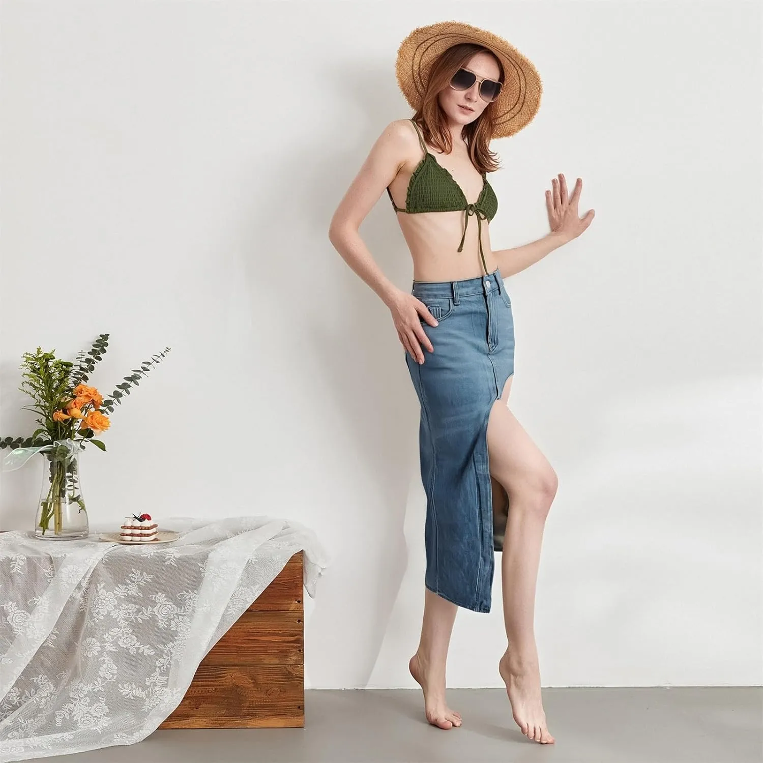 Women's Y2k Denim Midi Skirts Elegant Vintage High Waist Frayed Split A-Line Long Jean Skirts with Pockets
