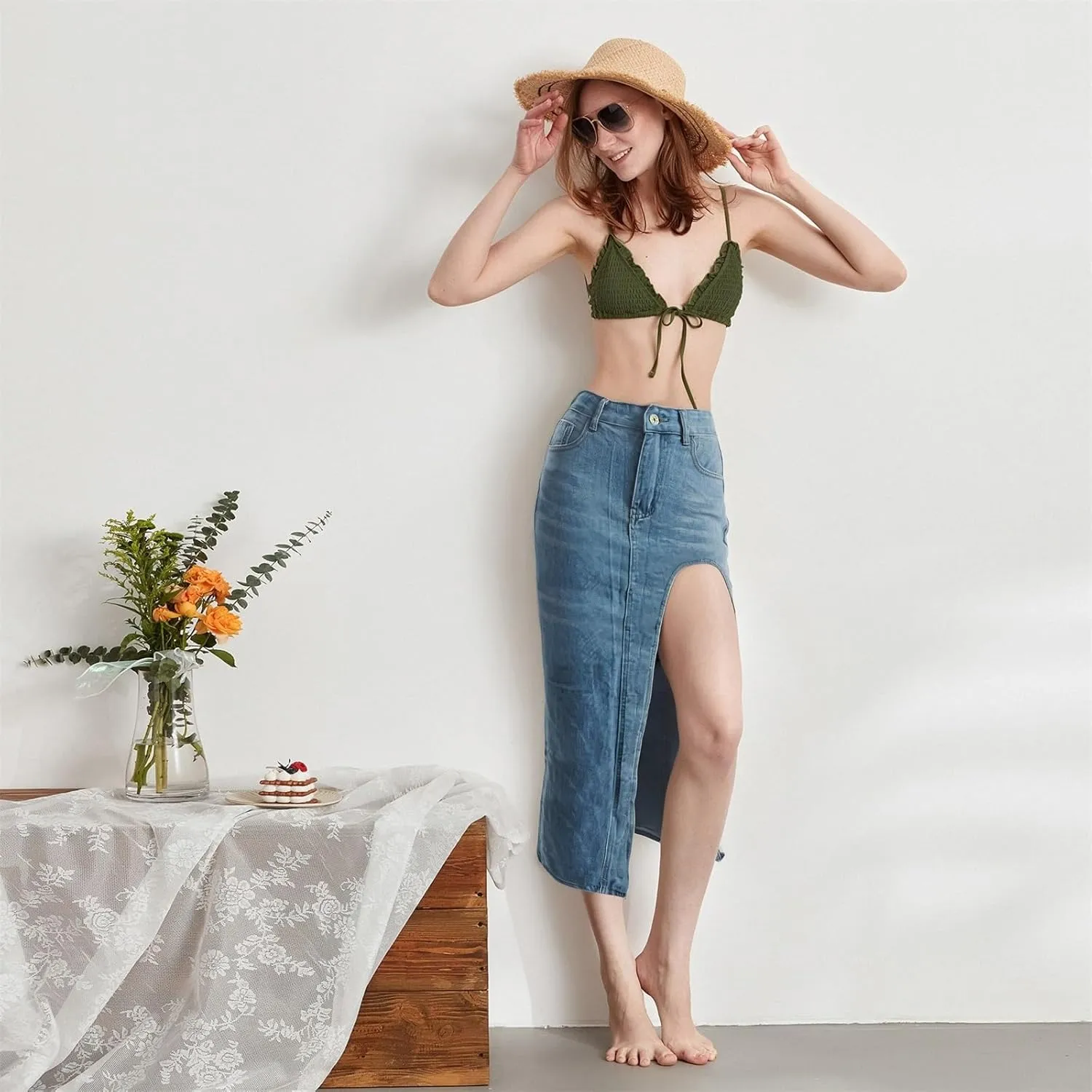 Women's Y2k Denim Midi Skirts Elegant Vintage High Waist Frayed Split A-Line Long Jean Skirts with Pockets