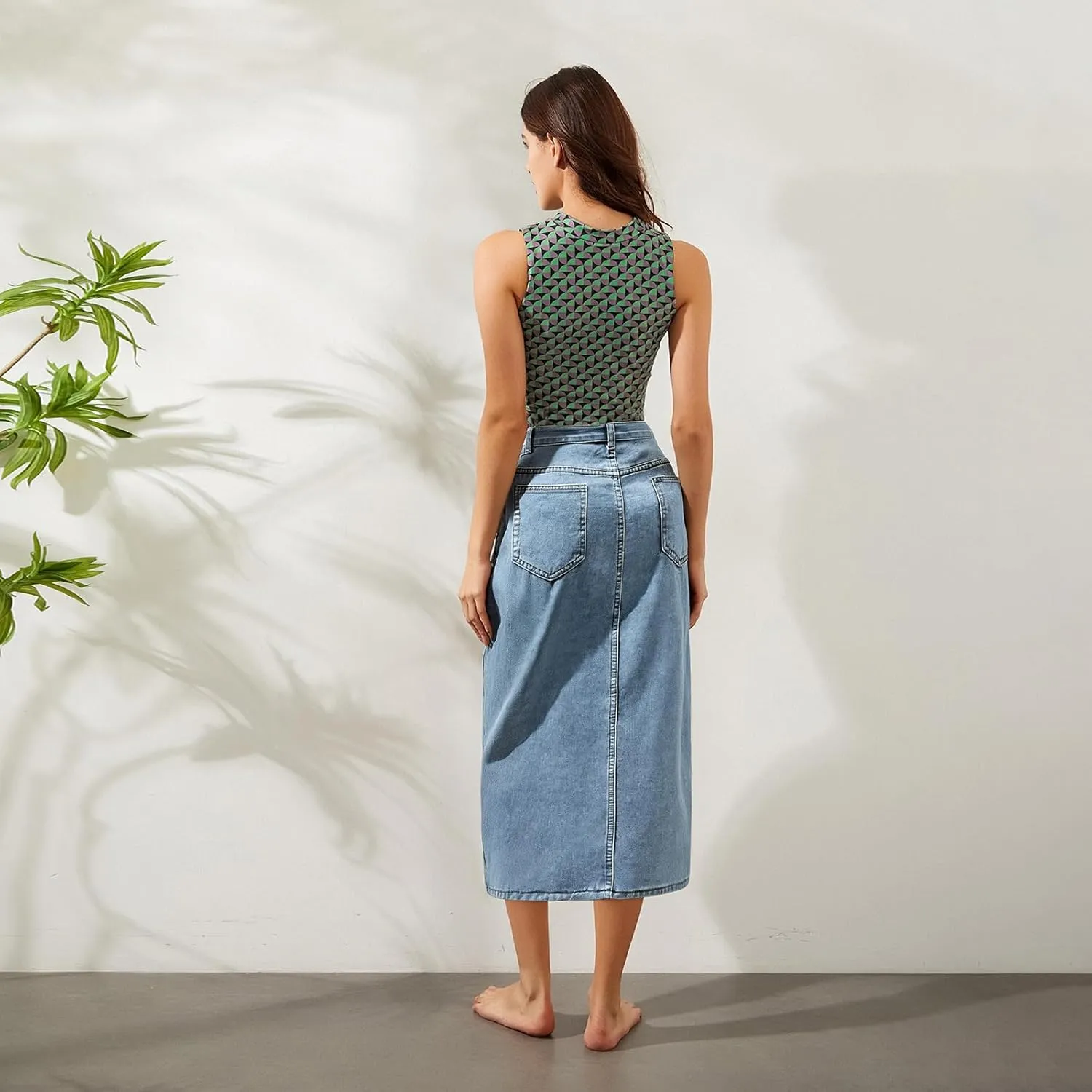 Women's Y2k Denim Midi Skirts Elegant Vintage High Waist Frayed Split A-Line Long Jean Skirts with Pockets