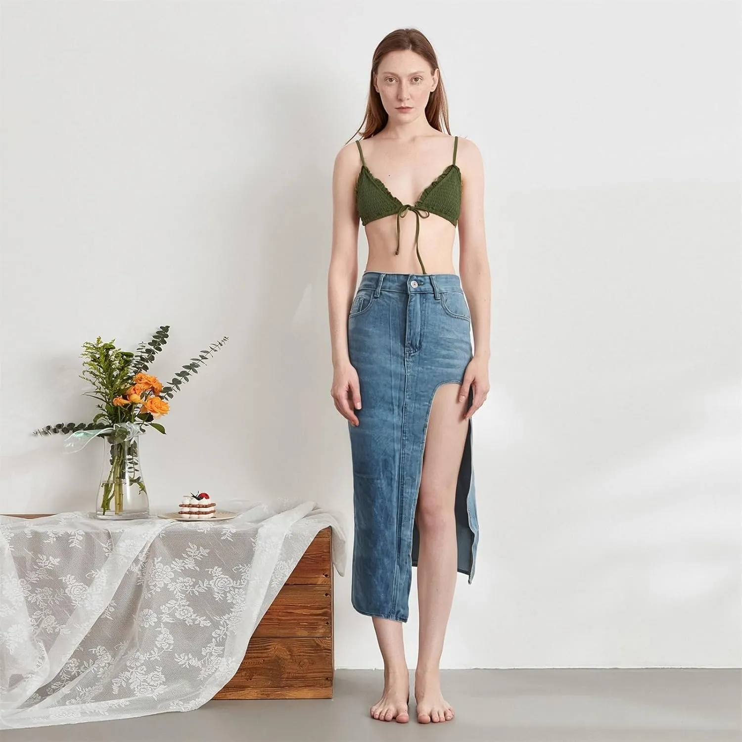 Women's Y2k Denim Midi Skirts Elegant Vintage High Waist Frayed Split A-Line Long Jean Skirts with Pockets