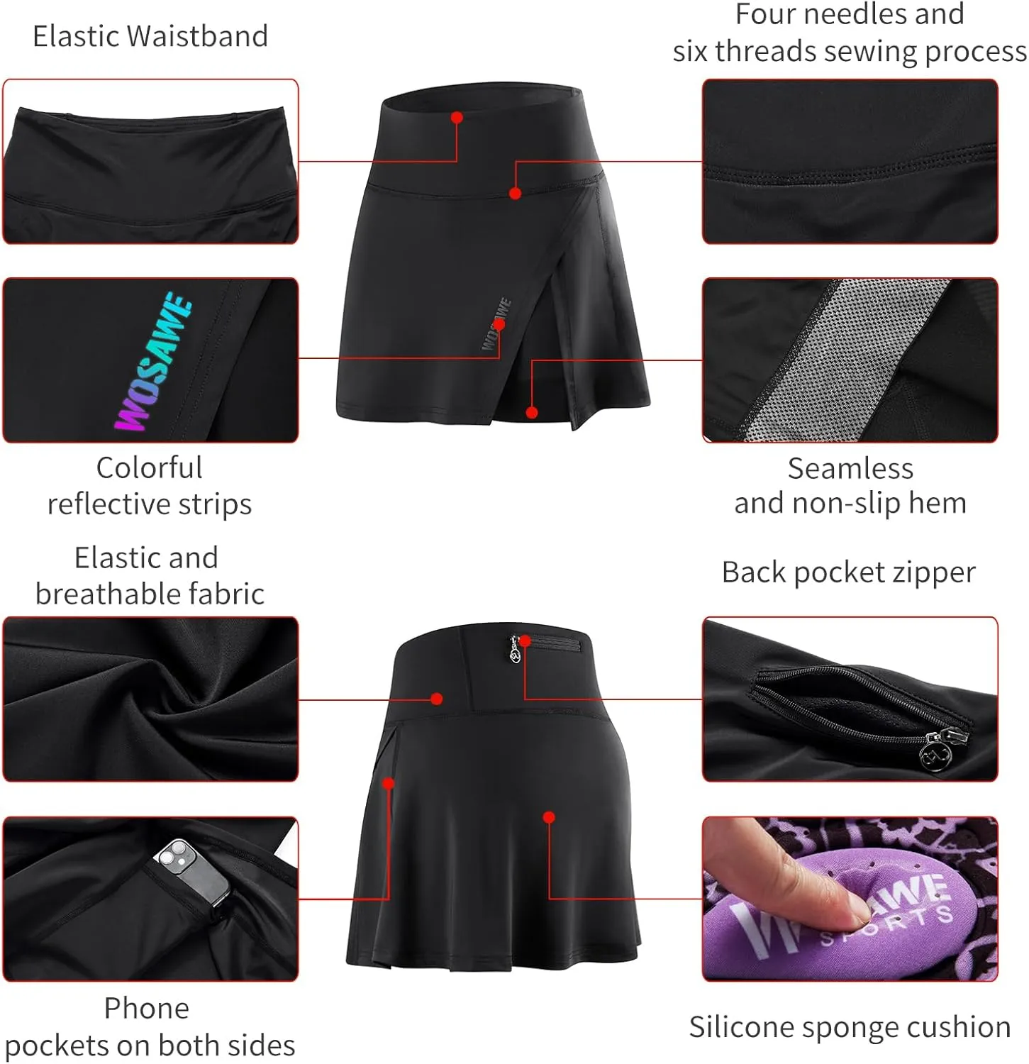 WOSAWE Womens Cycling Skirt with 4D Gel Padded High Waist Skorts Breathable MTB Riding Sports Shorts