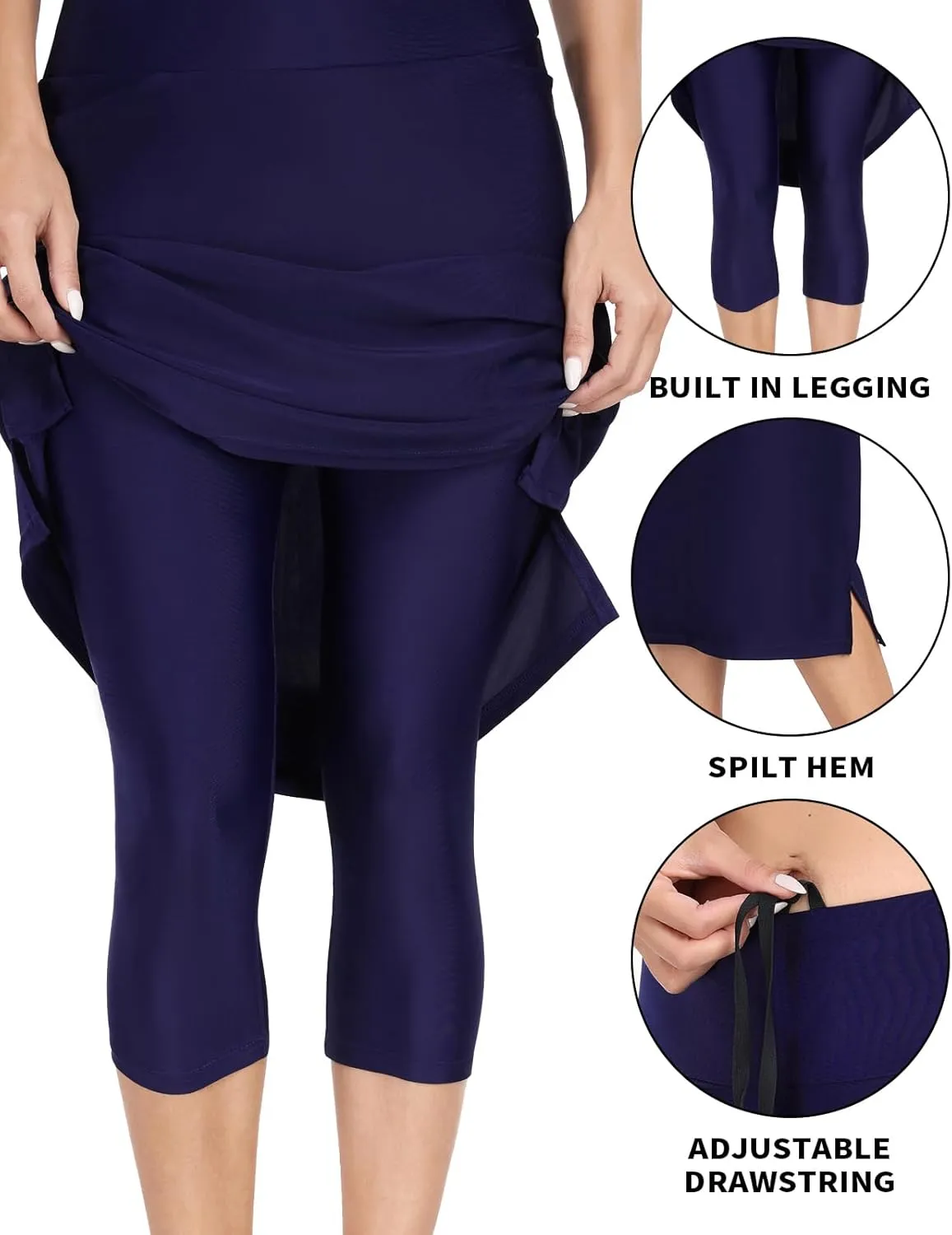 WOWENY Women's Midi Length Long Swim Skirts with Legging Modest High Waisted Tankini Skirt Bottom with Zipper Pockets