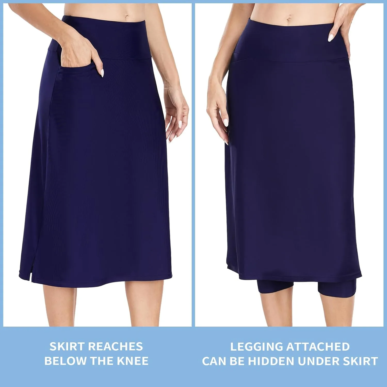 WOWENY Women's Midi Length Long Swim Skirts with Legging Modest High Waisted Tankini Skirt Bottom with Zipper Pockets