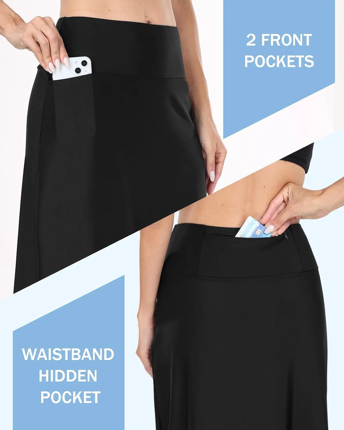 WOWENY Women's Midi Length Long Swim Skirts with Legging Modest High Waisted Tankini Skirt Bottom with Zipper Pockets
