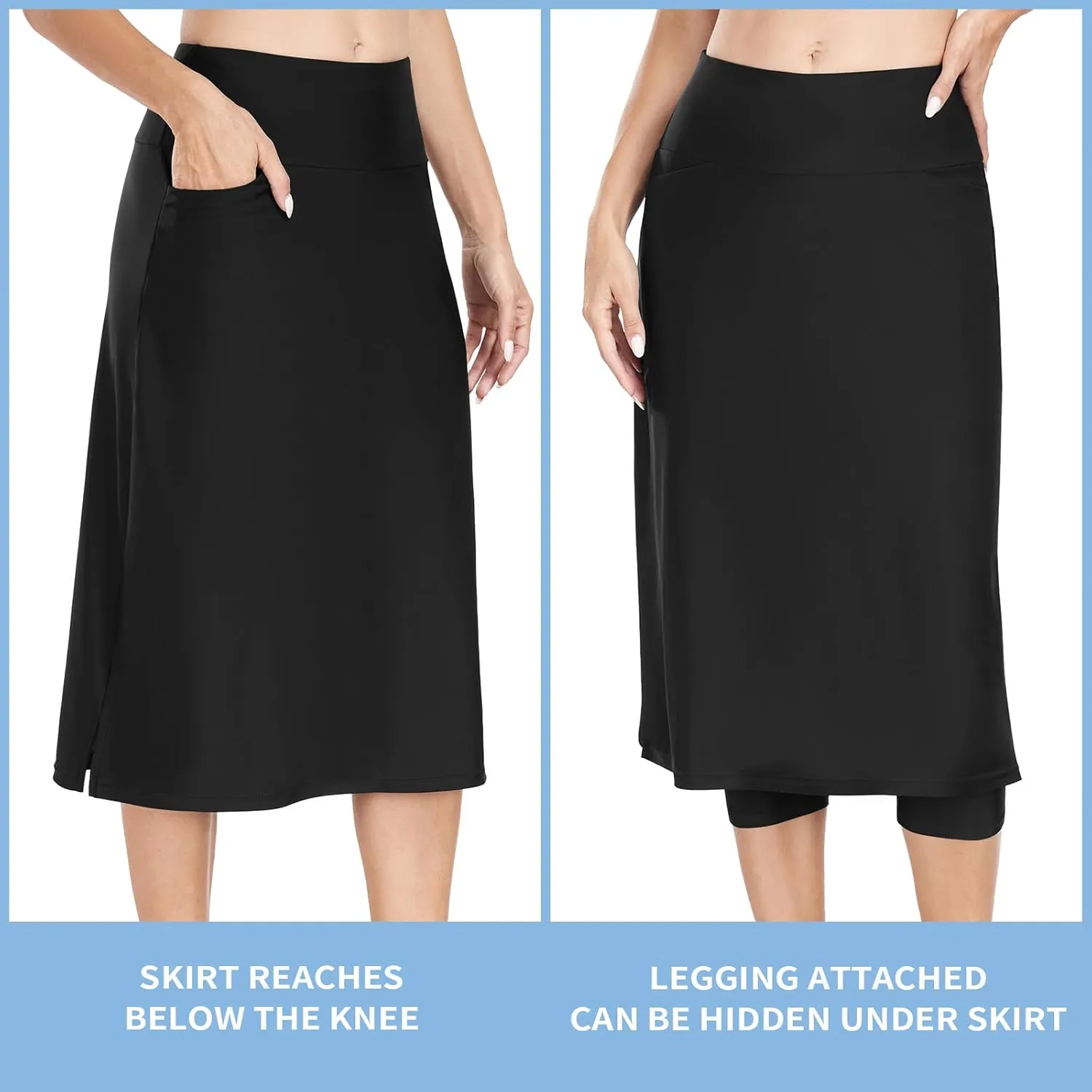 WOWENY Women's Midi Length Long Swim Skirts with Legging Modest High Waisted Tankini Skirt Bottom with Zipper Pockets
