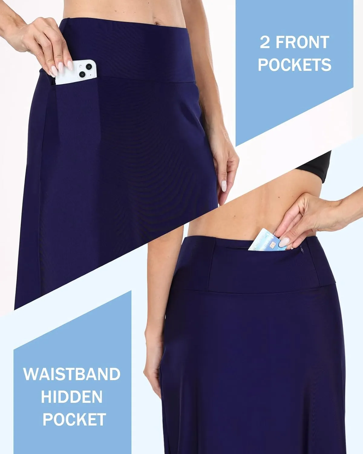 WOWENY Women's Midi Length Long Swim Skirts with Legging Modest High Waisted Tankini Skirt Bottom with Zipper Pockets